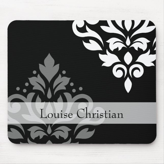 Scroll Damask Art I Grey+Wt on Blk (Personalised) Mouse Mat (Front)