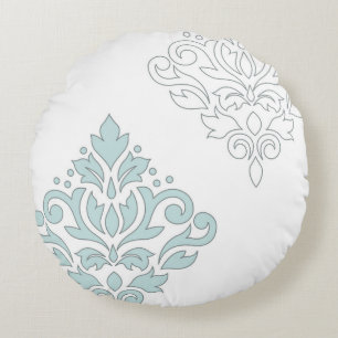Scroll Damask Art I (line) Duck Egg Blue Grey Wt Round Cushion