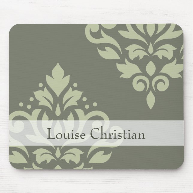 Scroll Damask Art I Lt on Dk Green (Personalised) Mouse Mat (Front)