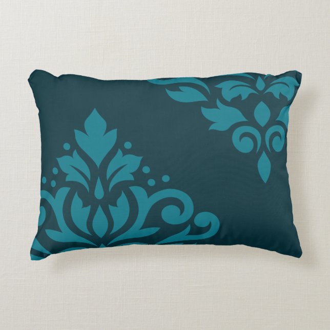 Scroll Damask Art I Mid-Teal on Dark Teal Decorative Cushion (Front)