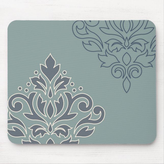 Scroll Damask Art I (outline) Cream Blues Teal Mouse Mat (Front)