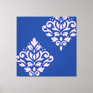 Scroll Damask Art I Pink on Blue Canvas Print