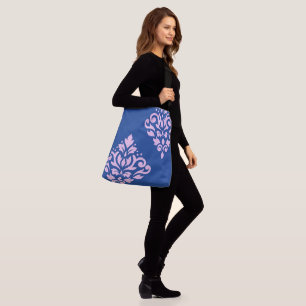 Scroll Damask Art I Pink on Blue Crossbody Bag