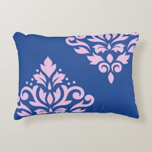 Scroll Damask Art I Pink on Blue Decorative Cushion