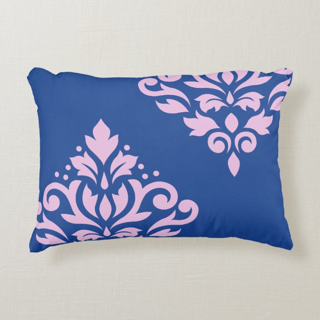 Scroll Damask Art I Pink on Blue Decorative Cushion (Front)
