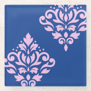 Scroll Damask Art I Pink on Blue Glass Coaster