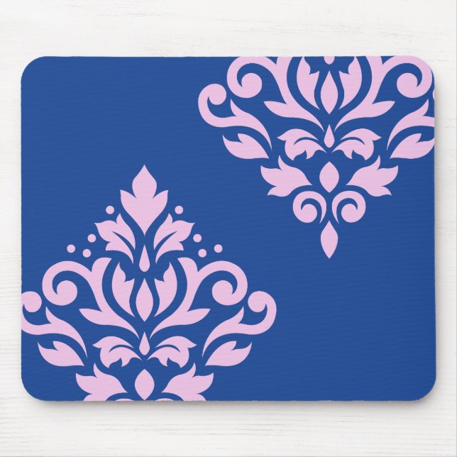 Scroll Damask Art I Pink on Blue Mouse Mat (Front)