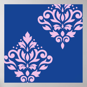 Scroll Damask Art I Pink on Blue Poster