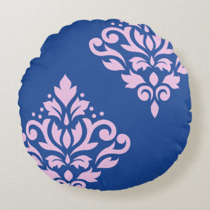 Scroll Damask Art I Pink on Blue Round Cushion