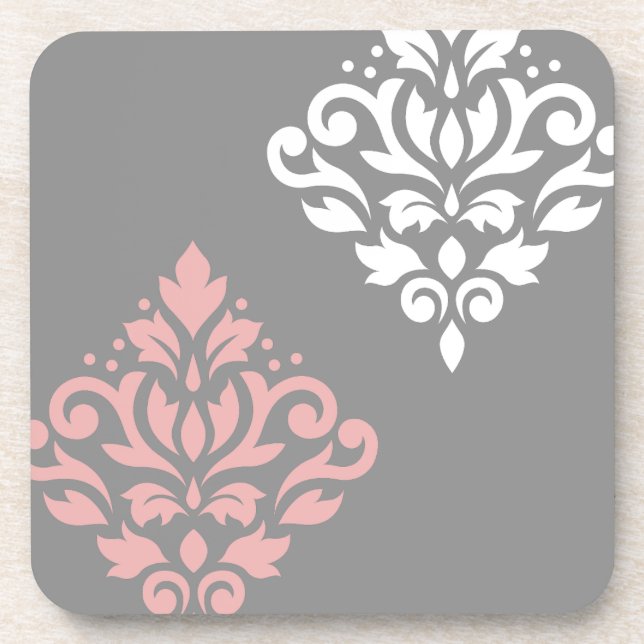 Scroll Damask Art I Pink White Grey Coaster (Front)