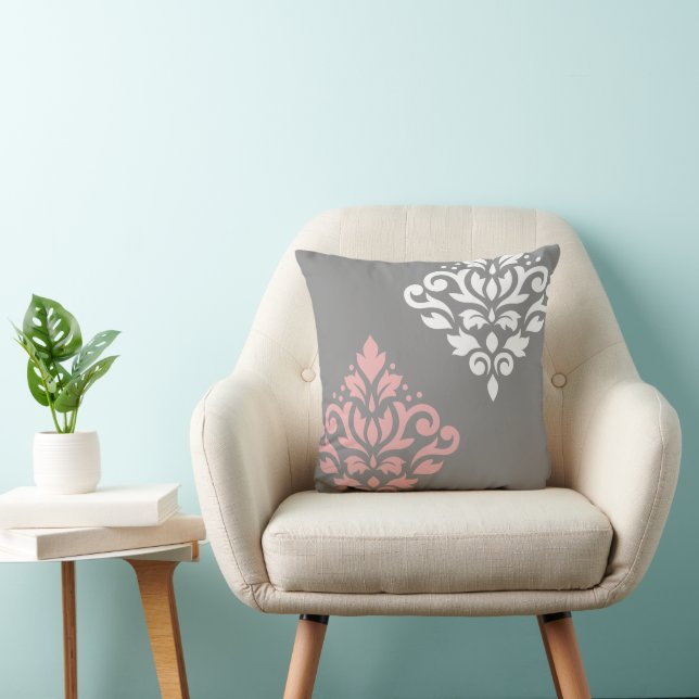 Scroll Damask Art I Pink White Grey Cushion (Chair)