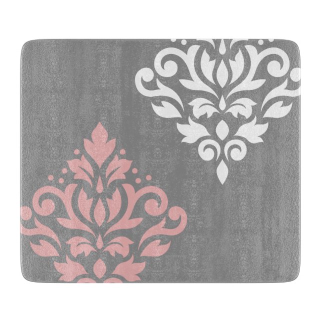 Scroll Damask Art I Pink White Grey Cutting Board (Front)