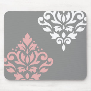 Scroll Damask Art I Pink White Grey Mouse Mat