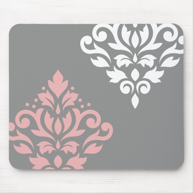 Scroll Damask Art I Pink White Grey Mouse Mat (Front)