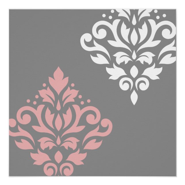 Scroll Damask Art I Pink White Grey Poster (Front)