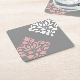 Scroll Damask Art I Pink White Grey Square Paper Coaster