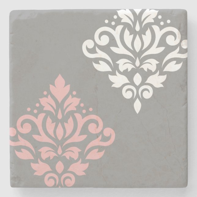 Scroll Damask Art I Pink White Grey Stone Coaster (Front)
