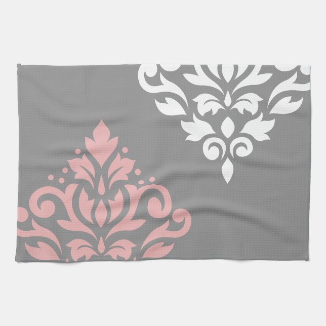 Scroll Damask Art I Pink White Grey Tea Towel (Horizontal)
