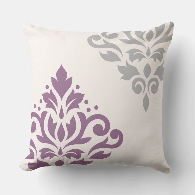 Scroll Damask Art I Plum & Grey on Cream Cushion (Front)