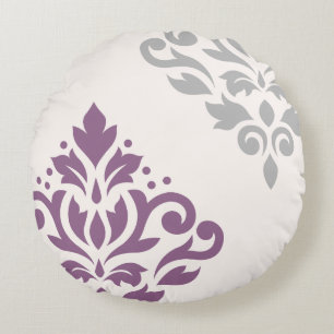Scroll Damask Art I Plum & Grey on Cream Round Cushion
