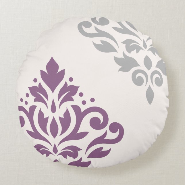 Scroll Damask Art I Plum & Grey on Cream Round Cushion (Front)