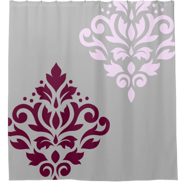 Scroll Damask Art I Plum Pink Grey Shower Curtain (Front)
