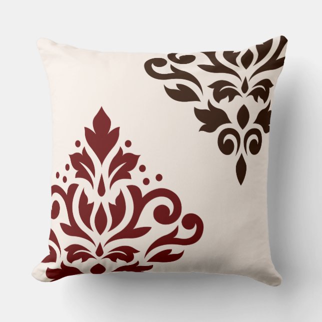 Scroll Damask Art I Red & Brown on Cream Cushion (Front)