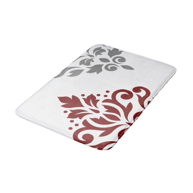 Scroll Damask Art I Red & Grey on White Bath Mat (Angled)