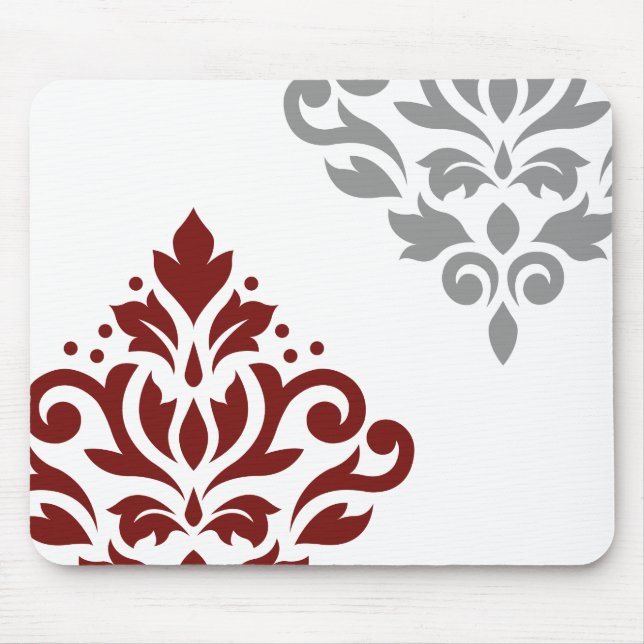 Scroll Damask Art I Red & Grey on White Mouse Mat (Front)