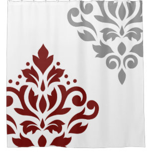 Scroll Damask Art I Red & Grey on White Shower Curtain