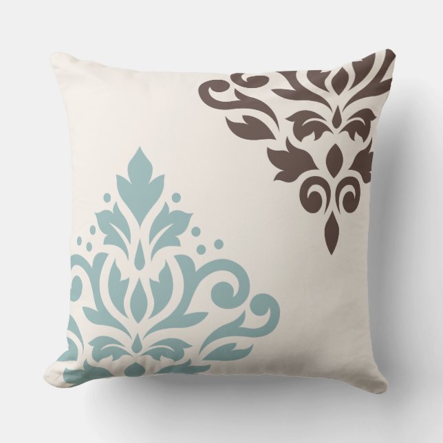 Scroll Damask Art I Teal Brown Cream Cushion (Front)