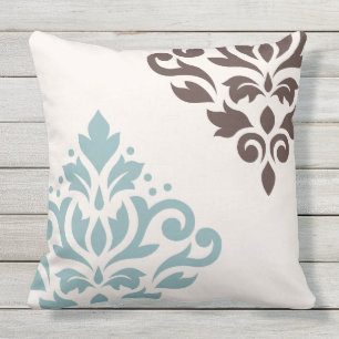 Scroll Damask Art I Teal Brown Cream Cushion