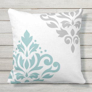 Scroll Damask Art I Teal & Grey on White Cushion