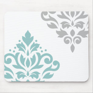 Scroll Damask Art I Teal & Grey on White Mouse Mat