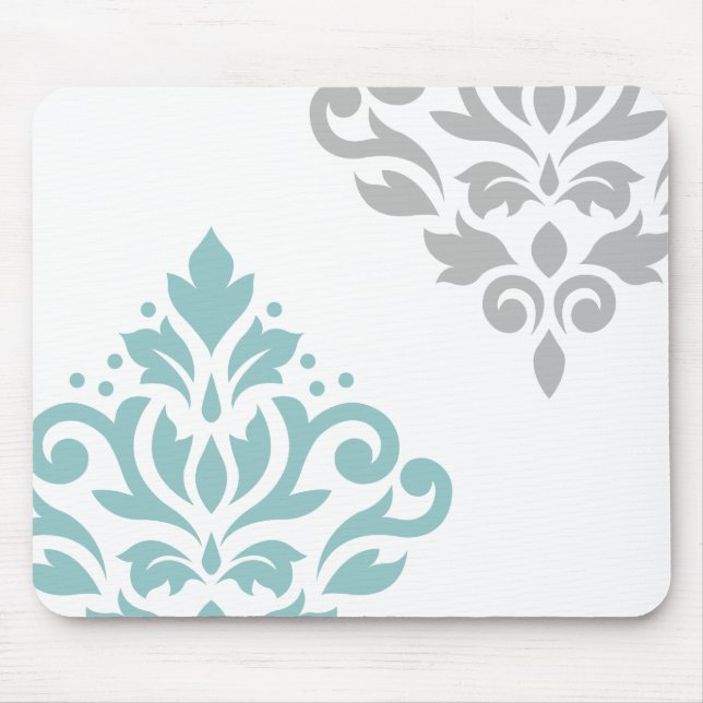 Scroll Damask Art I Teal & Grey on White Mouse Mat (Front)