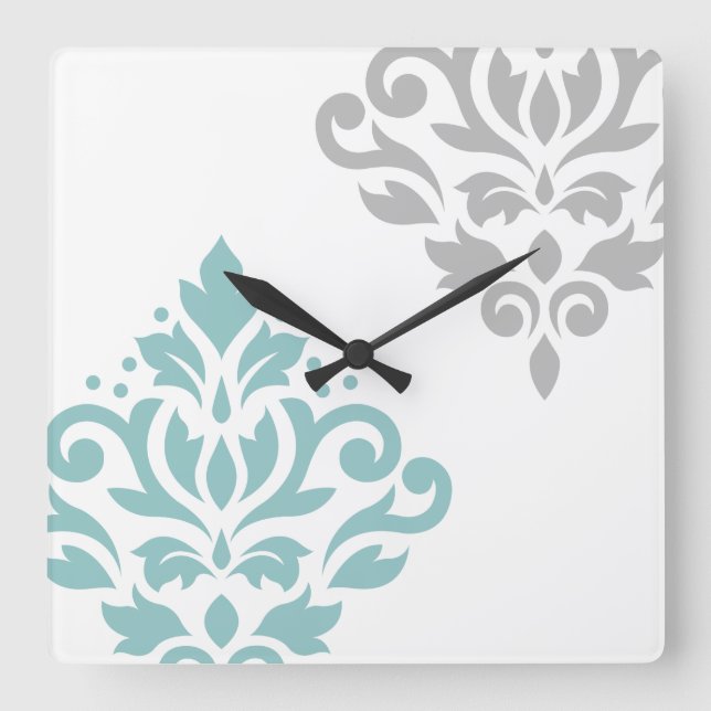 Scroll Damask Art I Teal & Grey on White Square Wall Clock (Front)