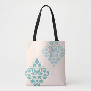 Scroll Damask Art I Teals on Cream Tote Bag