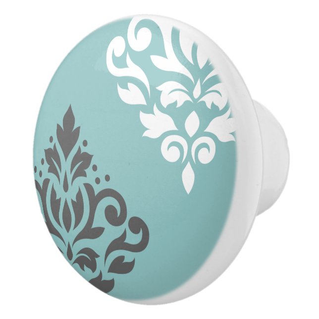 Scroll Damask Art I White & Grey on Light Teal Ceramic Knob (Right)