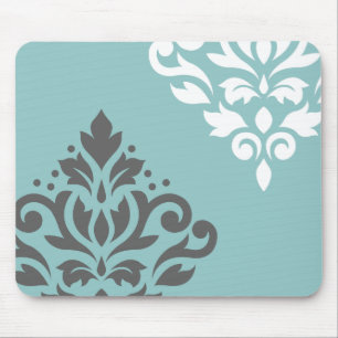 Scroll Damask Art I White & Grey on Light Teal Mouse Mat