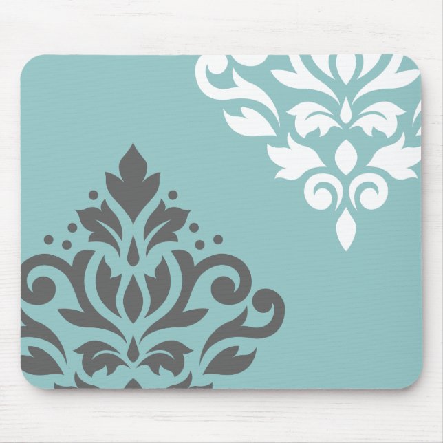 Scroll Damask Art I White & Grey on Light Teal Mouse Mat (Front)
