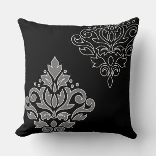 Scroll Damask Art I White Line Grey Black Cushion