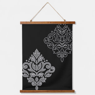 Scroll Damask Art I White Line Grey Black Hanging Tapestry