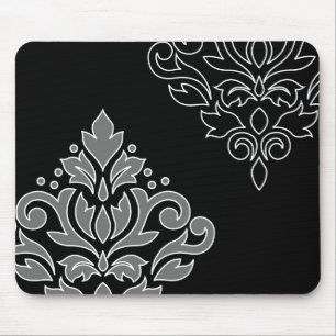 Scroll Damask Art I White Line Grey Black Mouse Mat