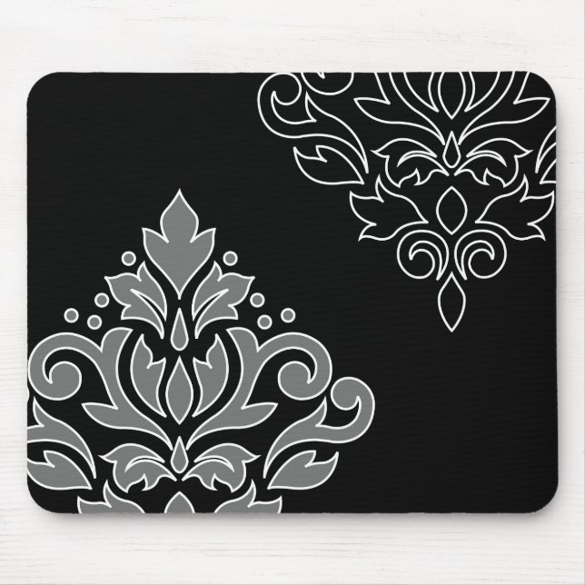 Scroll Damask Art I White Line Grey Black Mouse Mat (Front)