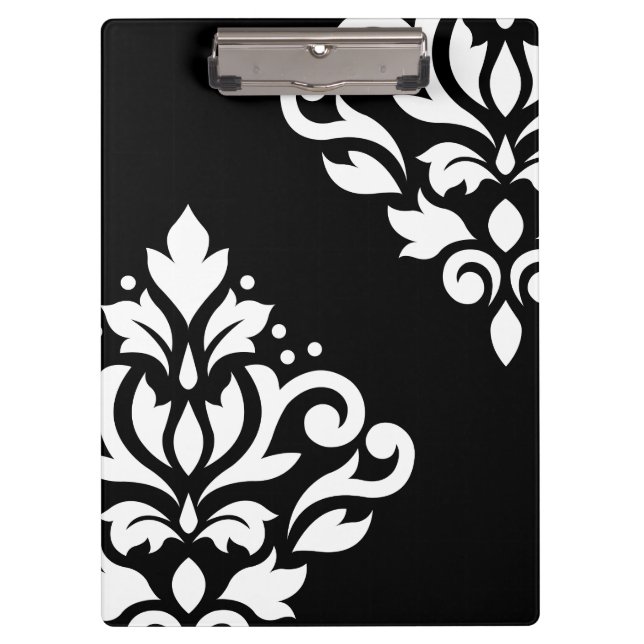 Scroll Damask Art I White on Black Clipboard (Front)