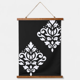 Scroll Damask Art I White on Black Hanging Tapestry