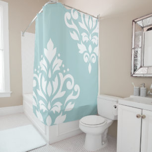 Scroll Damask Art I White on Duck Egg Blue (B) Shower Curtain