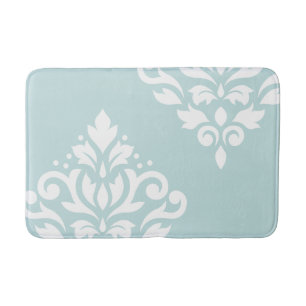Scroll Damask Art I White on Duck Egg Blue Bath Mat