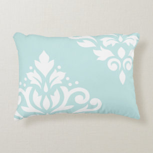 Scroll Damask Art I White on Duck Egg Blue Decorative Cushion