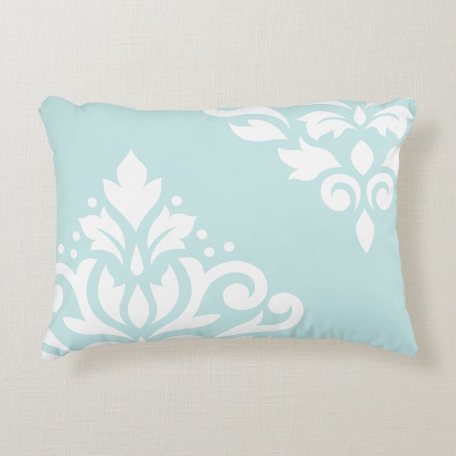Scroll Damask Art I White on Duck Egg Blue Decorative Cushion (Front)